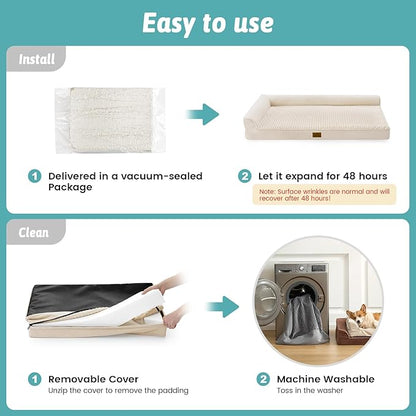COZY KISS Orthopedic Dog Bed for Large Size Dog, XL Dogs Crate Bed, L Shaped Foam Anti-Slip Bottom Pet Cat Sofa with Washable Removable Cover, Suitable for Pet Up to 100 lbs, 44x32x7 inch, Beige