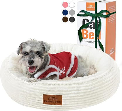 Zerbuger 23in Cream Round Cat Dog Bed Gift for Large Medium Small Dogs Cats, Machine Washable Sleeping Sofa, Non-Slip Bottom Breathable Soft Calming Pet Cuddler for Indoor/Outdoor/Car/Cage