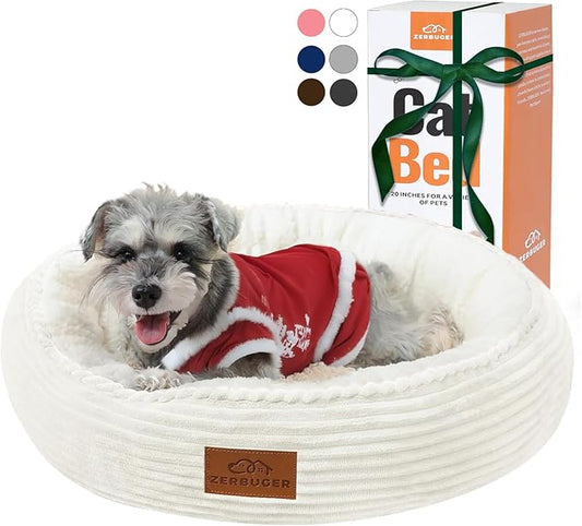 Zerbuger 23in Cream Round Cat Dog Bed Gift for Large Medium Small Dogs Cats, Machine Washable Sleeping Sofa, Non-Slip Bottom Breathable Soft Calming Pet Cuddler for Indoor/Outdoor/Car/Cage