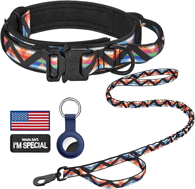 DAGANXI Tactical Dog Collar, Adjustable Military Training Nylon Dog Collar with Control Handle and Heavy Metal Buckle for Medium and Large Dogs, with Patches & Airtags Case (L, Colorful Triangle-Set)