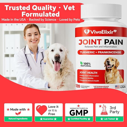 Turmeric Anti-Inflammatory Support Dog Chewables - 120 Tablets - with Turmeric, Boswellia, Fish Oil, and Piperine for Hip and Joint Mobility, Antioxidants, Veterinarian Recommended