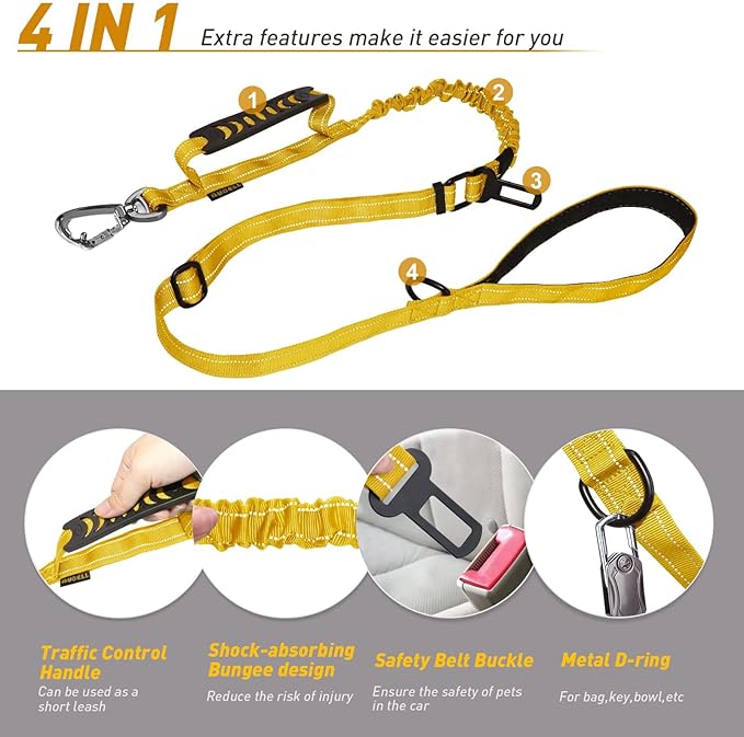 AUBELL Tactical Dog Leash Heavy Duty,4-6ft Reflective Strong No Pull Bungee Leash for Medium Large Dogs with Comfortable Padded Double Handle,Car Seat Belt,360 Degree Rotating Carabiner,Yellow
