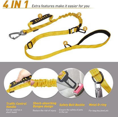 AUBELL Tactical Dog Leash Heavy Duty,4-6ft Reflective Strong No Pull Bungee Leash for Medium Large Dogs with Comfortable Padded Double Handle,Car Seat Belt,360 Degree Rotating Carabiner,Yellow