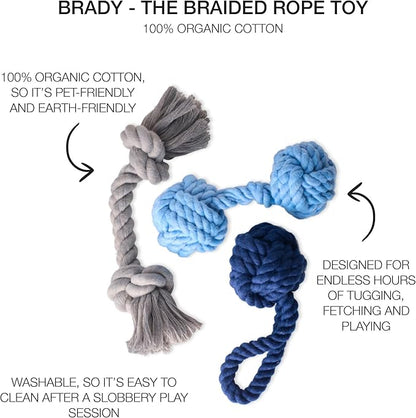 Brady The Rope Tug Toy 3-Pack Organic Cotton Dog Rope Pull Toys for All Pet Breeds, Blue Ombre, One Size