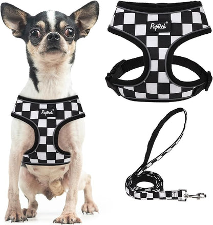 PUPTECK Soft Mesh Dog Harness and Leash Set Pet Puppy Cat Comfort Padded Vest No Pull Harnesses, Checkered Black&White, XS
