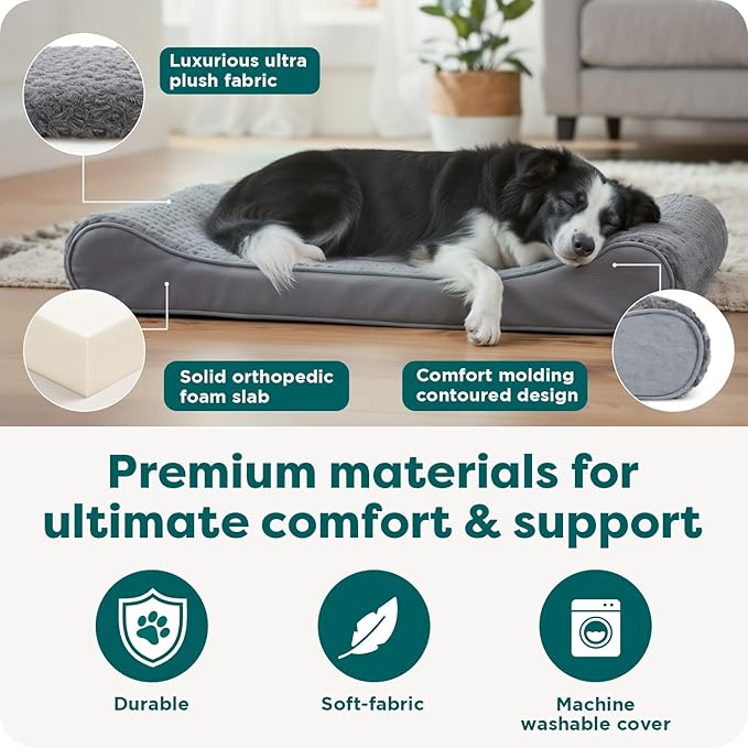 FurHaven Orthopedic Dog Bed for Large Dogs, Luxe Lounger Contour Mattress with Solid Orthopedic Foam Slab for Joint Support, Removable Washable Cover, Large, Plush Suede, Gray