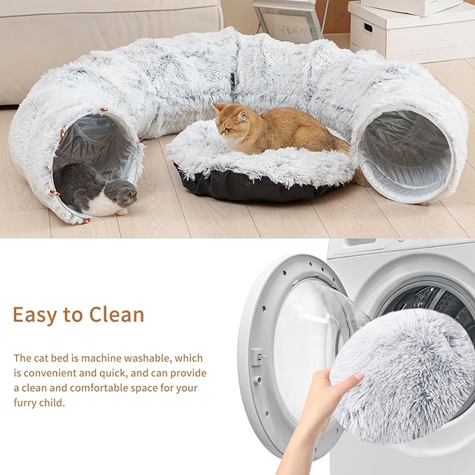 Large Donut Cat Tunnel Bed - Soft Plush Cat Cave & Peekaboo Hiding Spot, 3-in-1 Indoor Cat Playground Toy for Kittens/Adult Cats, Festive Christmas Pet Gift