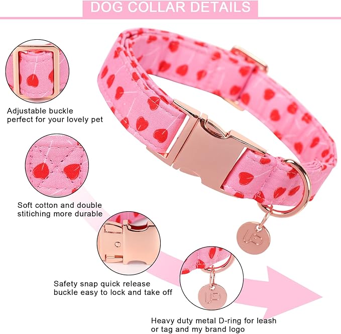 UP URARA PUP Valentine's Dog Collar,Pink Heart Dog Collar for Small Medium Large Girl Boy Dogs or Cats, Wedding Dog Collar Match Dog Leash, Pet Collar with Metal Buckle, XS