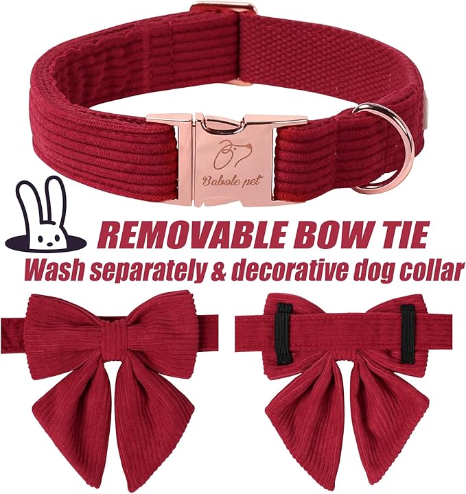 Corduroy Dog Collar with Laday Bow, Adjustable Heavy-Duty Dog Collars for Small Medium Large Dogs, Wine Red Winter Christmas Puppy Bowtie Collar XL