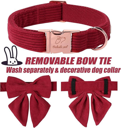 Corduroy Dog Collar with Laday Bow, Adjustable Heavy-Duty Dog Collars for Small Medium Large Dogs, Wine Red Winter Christmas Puppy Bowtie Collar M