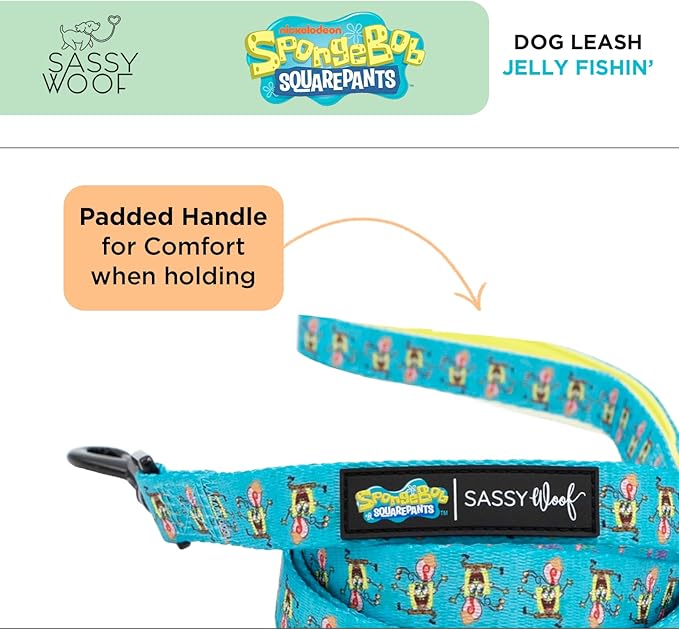 Sassy Woof Spongebob Squarepants™ Jelly Fishin' Dog Leash 60-Inch with Neoprene Padded Handle - Comfortable, Durable, and Stylish for Small to Large Dogs - Officially Licensed