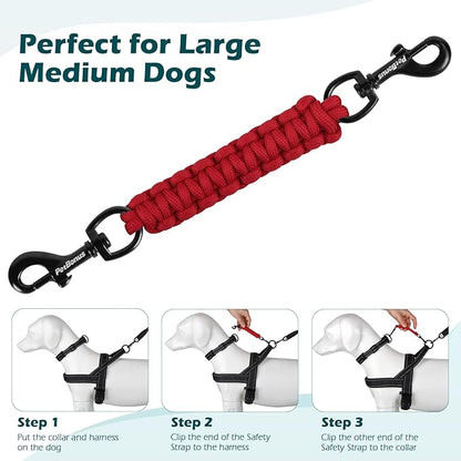 PetBonus Dog Collar Safety Clip, Handmade Backup Safety Strap for Dog Harness, Prong, Pinch Collar, Double Ended Clasp Leash Connector (Red)