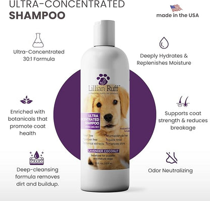 Lillian Ruff PRO Formula Ultra Concentrated Dog Shampoo – Makes 4 Gallons/30 Bottles, 30:1 Dilution, Professional Pet Shampoo for Sensitive Skin | Deodorizing & pH-Balanced Made in USA 16.9oz
