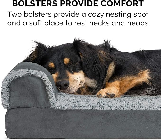 Furhaven Memory Foam Dog Bed for Medium/Small Dogs w/ Removable Bolsters & Washable Cover, For Dogs Up to 35 lbs - Two-Tone Plush Faux Fur & Suede L Shaped Chaise - Stone Gray, Medium