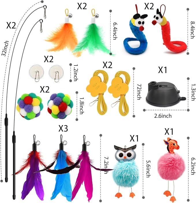 OODOSI 4-in-1 Interactive Cat Toys Set with Suction Cup Wand, Hanging Cat Toys, Fishing Pole Cat Wand & Kitten Balls- Includes Variety Replaceable Worms, Feathers for Indoor Bored Cats for Exercise