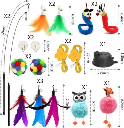 OODOSI 4-in-1 Interactive Cat Toys Set with Suction Cup Wand, Hanging Cat Toys, Fishing Pole Cat Wand & Kitten Balls- Includes Variety Replaceable Worms, Feathers for Indoor Bored Cats for Exercise