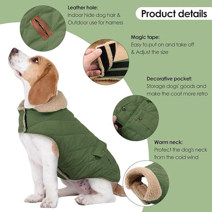 Winter Coat for Medium Dogs, Dog Plaid Jacket, Pets Coat for Cold Weather, Windproof Warm Garments, Pet Thickened Outfits Indoor Outdoor, Army Green M