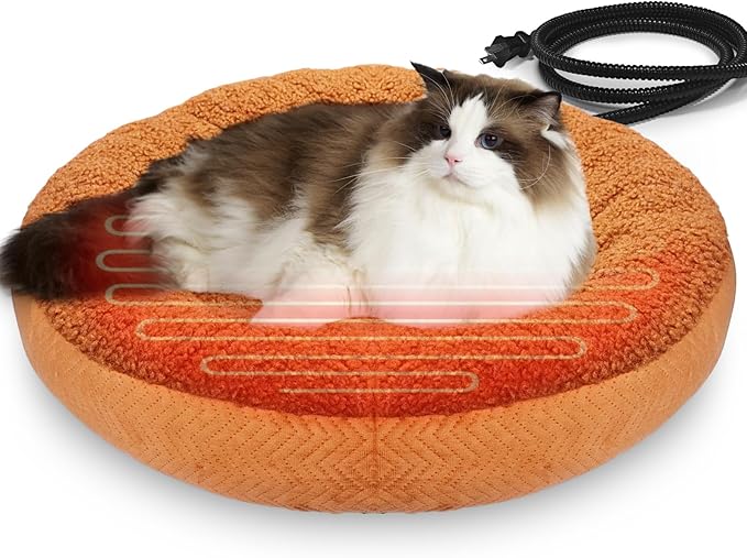 AUPETEK Heated Cat Beds for Indoor Cats Warming Cat Beds Super Soft Machine Washable Thermo Kitty Electric Heating Bed 19 Inches Round