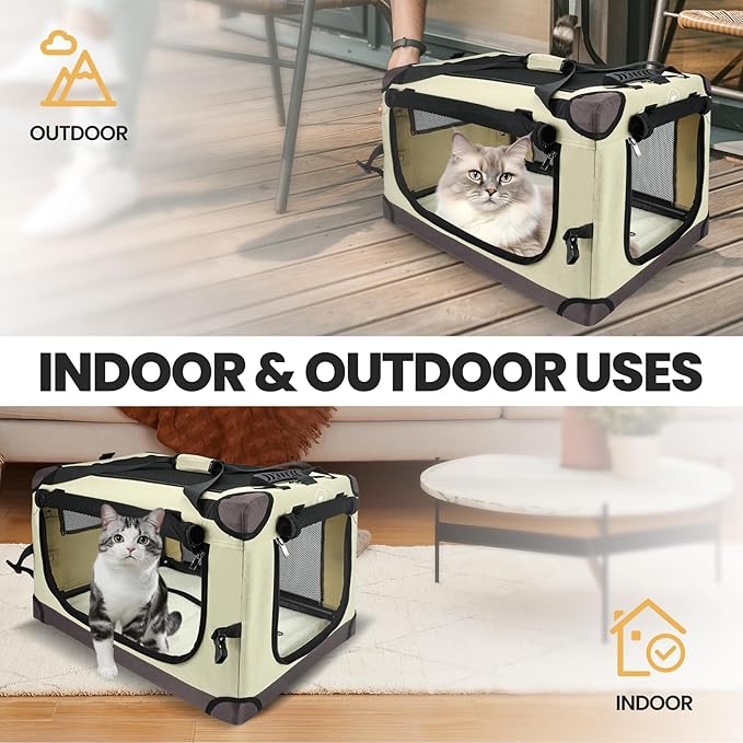 PEGIC Large Cat Carrier for Car Travel, Soft Sided Collapsible Pet Carrier for Outdoor and Indoor Uses, Roomy Extra Large Cat Carrier for 2 Kittens or Puppies Up to 50lbs (Brown)