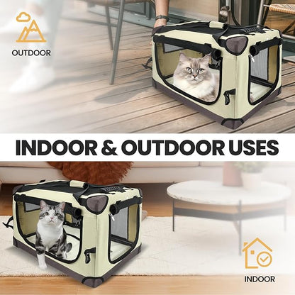 PEGIC Large Cat Carrier for Car Travel, Soft Sided Collapsible Pet Carrier for Outdoor and Indoor Uses, Roomy Extra Large Cat Carrier for 2 Kittens or Puppies Up to 50lbs (Brown)