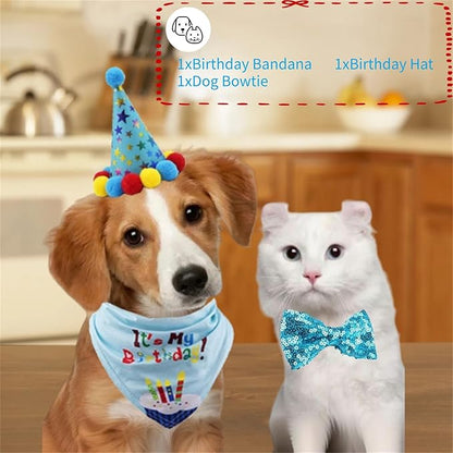 Pet Birthday Party Set with Hat and Bandana for Dogs and Cats with Star Pattern Design, Adjustable Sequin Bow tie Accessories, Blue Birthday Boy Scarf (Blue)