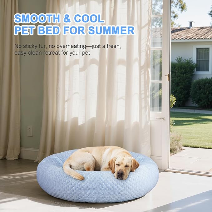 Donut Dog Bed for Large Dogs - Cooling Pet Bed with Removable Cover, Breathable Ice Fabric Summer Pet Beds for Medium & Big Dogs, Egg Tart Design (L)