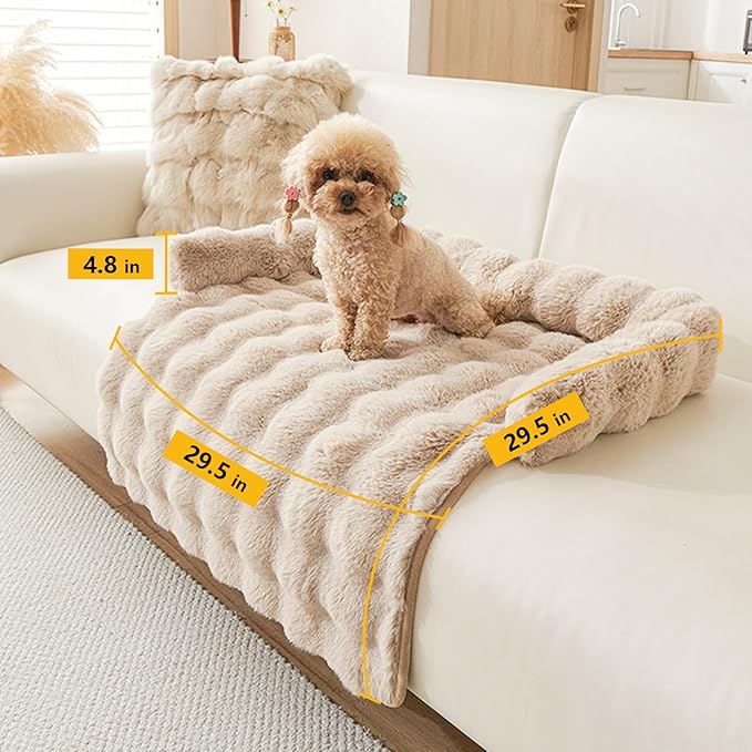 Calming Dog Bed for Couch, 29.5 x 29.5 inch, Non-Slip Rabbit-Velvet Dog Sofa Mat for Furniture Protector, Perfect for Small, Medium Dogs and Cats (Khaki)