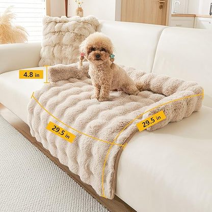 Calming Dog Bed for Couch, 29.5 x 29.5 inch, Non-Slip Rabbit-Velvet Dog Sofa Mat for Furniture Protector, Perfect for Small, Medium Dogs and Cats (Khaki)