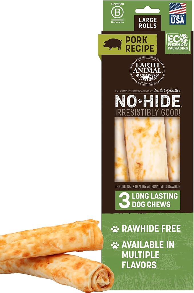 Earth Animal No Hide Chews - Long Lasting Rawhide Free Large Dog Chews Rolls, Pork - 3 Count Value Pack