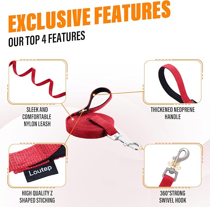 Dog Training Leash - Long Line for Recall & Obedience, Nylon Training Lead with Padded Handle, 15 ft / 20 ft / 30 ft / 50 ft / 100 ft - Long Leash for Dogs Outside, Small/Medium/Large