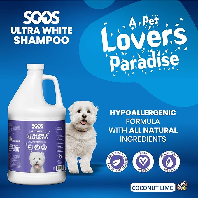 Soos Ultra White Hypoallergenic Shampoo for Dogs & Cats - Natural White Brightening Formula, Gentle & Moisturizing Pet Wash for Sensitive Skin - 4L