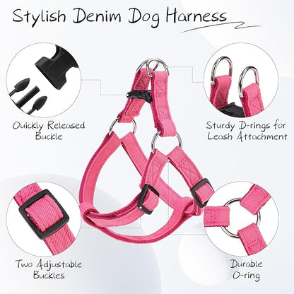 BINGPET Dog Harness Leash Set,Adjustable No Pull Step in Dog Harness,Stylish Denim Puppy Harness for Small and Medium Dogs Easy Walk Training Running(Pink,S)