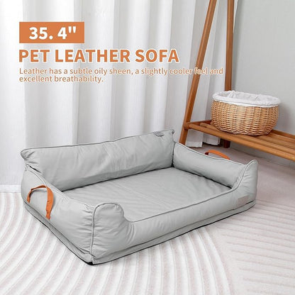 Removable Orthopedic Dog Beds for Large Dogs, Leather Memory Foam Dog Sofa Bed, Waterproof Durable Dogs Bed Couch with Non Skid Bottom for All Pet Sizes (Silver Gray, Large)