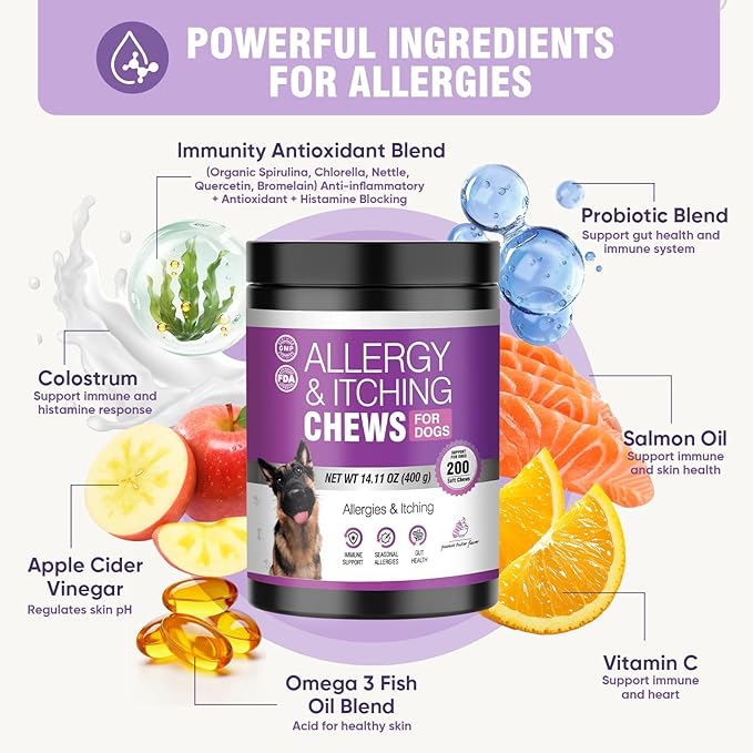 Dog Allergy Chews 200ct - Dog Allergy and Itching Skin Relief Anti Itch Aller Immune Bites for Dogs licking Paws Treatment Relief Itchy Chew Probiotics Vitamins for Skin and Coat - Peanut Butter