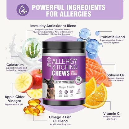 Dog Allergy Chews 200ct - Dog Allergy and Itching Skin Relief Anti Itch Aller Immune Bites for Dogs licking Paws Treatment Relief Itchy Chew Probiotics Vitamins for Skin and Coat - Peanut Butter
