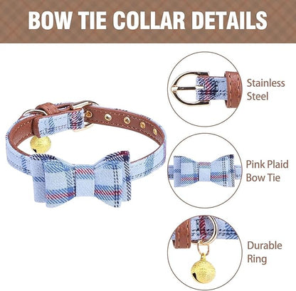 KOOLTAIL Small Dog Collar and Leash Set with Bowtie and Bells - Cute Puppy Bandana Collar and Leash for Male with Classic Plaid Pattern, Soft Leather Tangle Free Leashes for Small Dogs Boys Girls,Blue