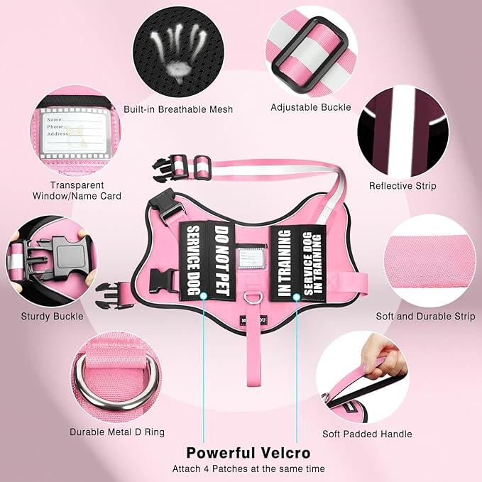 Service Dog Vest Harness and Leash Set+10 Patches,No Pull&Easy Walk Reflective Dog Harness with Soft Padded Handle for Training/Everyday,Fit Small/Medium/Large/Extra-Large Dogs(Pink M)