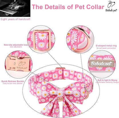 Floral Dog Collar with Lady Bow - Spring Daisy Dog Collars Girly Pink Sailor Bowtie Collars, Adjustable Metal Buckle Female Dogs Collar for Small Medium Large Dogs M