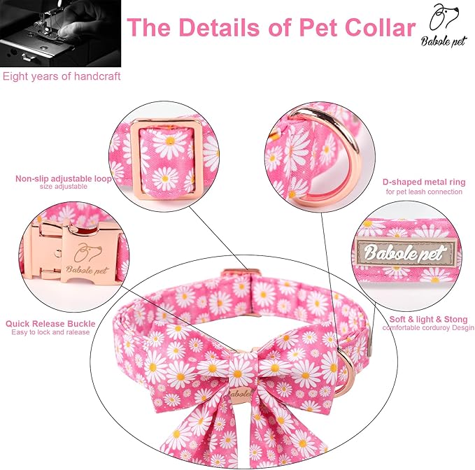 Floral Dog Collar with Lady Bow - Spring Daisy Dog Collars Girly Pink Sailor Bowtie Collars, Adjustable Metal Buckle Female Dogs Collar for Small Medium Large Dogs L
