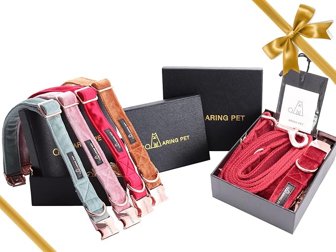 ARING PET Velvet Dog Collar Set, Cute Velvet Dog Collar and Leash Set, Soft & Comfy, Adjustable Christmas Red Collars with Metal Buckle for Small Medium Large and Girl Boy Dogs