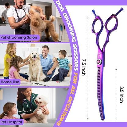 JASON 7.5" Curved Chunkers Shears - Professional Dog Scissors for Grooming, Japanese 440C Stainless Steel Blender Shears with Diamond Adjustable Screw (35 Teeth, Purple) Christmas Gift