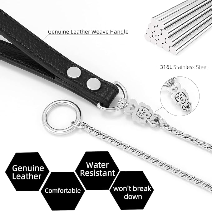 CaptainSteeL Stainless Steel Dog Leash, 3ft, 4ft, Integrated Dog Collar and Leash, 5mm 1m/1.2m Metal Dog Leash for Small and Large Pets, with Leather Handle