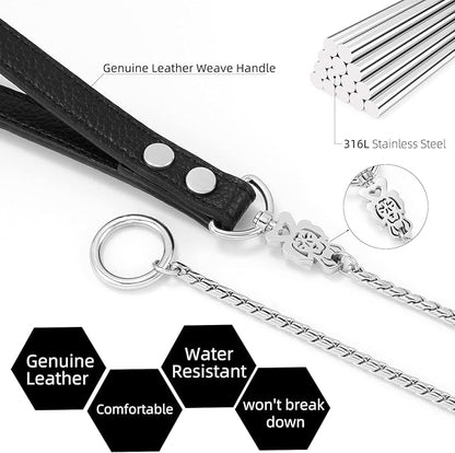 CaptainSteeL Stainless Steel Dog Leash, 3ft, 4ft, Integrated Dog Collar and Leash, 5mm 1m/1.2m Metal Dog Leash for Small and Large Pets, with Leather Handle