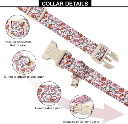 Lionet Paws Cute Pink Rabbit Eggs Dog Collar with Plastic Buckle, Medium Size, Cotton Material, Unique Design, Suitable for Medium Dogs