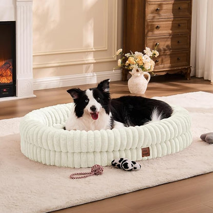 ChiXnuggle XL Dog Bed - Luxury Striped Faux Fur Waterproof Pet Couch with Removable Washable Cover, Orthopedic Dog Bed with Bolster Sides for Sleeping, Cream