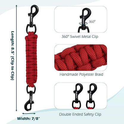 PetBonus Dog Collar Safety Clip, Handmade Backup Safety Strap for Dog Harness, Prong, Pinch Collar, Double Ended Clasp Leash Connector (Red)