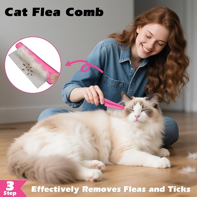 Comotech 3PCS Cat Grooming Supplies,Cat Brush & Nail Clipper/Trimmer & Flea Comb for Shedding Indoor Cats Dogs and Small Animals - Meet All Your Pet's Daily Grooming Needs - All in One Set (Pink)
