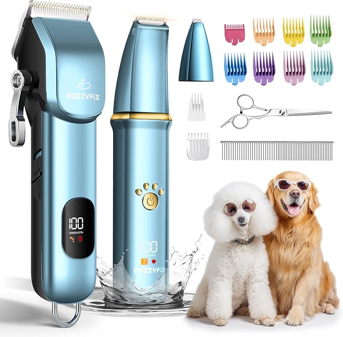 FuzzyFix Dog Grooming Kit, Dog Clippers for Grooming for Thick Curly Coats, Professional Pet Hair Shaver Paw Trimmer Cordless Rechargeable Low Noise for Dogs Cats Animals Face Ear