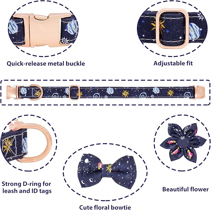 Dog Collar and Leash Set Adjustable Girls Puppy Floral Collars with Bow Tie for Small Medium Large Dogs(XS, Blue Planet)