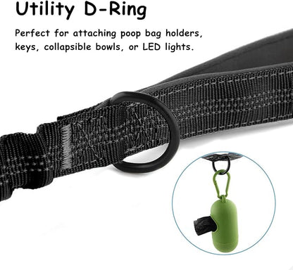 Bungee Dog Leash with Shock Absorption, Dual Handles for Pull Control, Reflective Nylon, Zinc Alloy Hook, D-Ring for Poop Bags, Black, M
